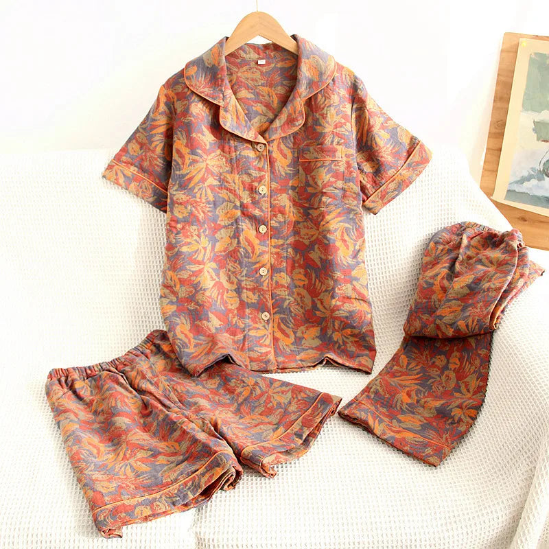 Pyjama Femme "Rythme Tissé" en Coton Léger – Ensemble Estival Imprimé Végétal Fluide à Manches Courtes