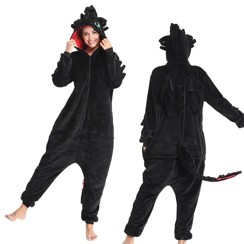 Kigurumi Dragon “Nuit d’Obsidienne” – Combinaison Hiver Adulte & Enfant en Polaire Douce et Chaleureuse