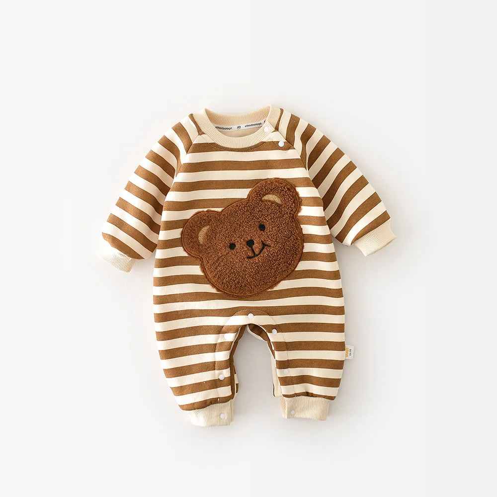 Pyjama Bébé Coton Rayé “Ourson” – Grenouillère Chaude Automne Hiver 3-12 Mois