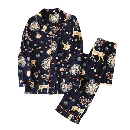 Pyjama Femme “Nocturne Végétal” – Ensemble Long en Coton à Imprimés Naturels