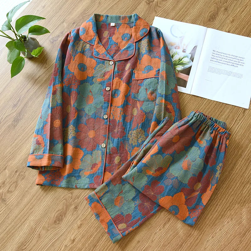 Pyjama Femme en Coton Gaufré – Ensemble Estival à Manches Longues Imprimé Floral