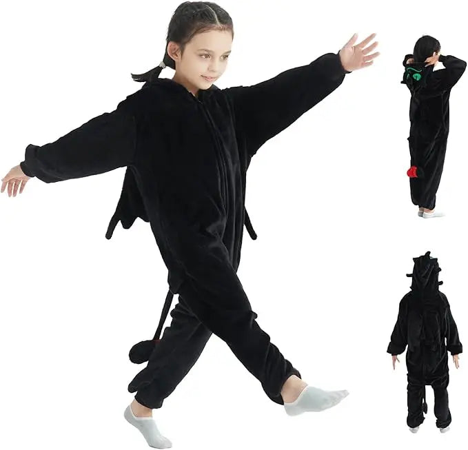 Kigurumi Dragon “Nuit d’Obsidienne” – Combinaison Hiver Adulte & Enfant en Polaire Douce et Chaleureuse