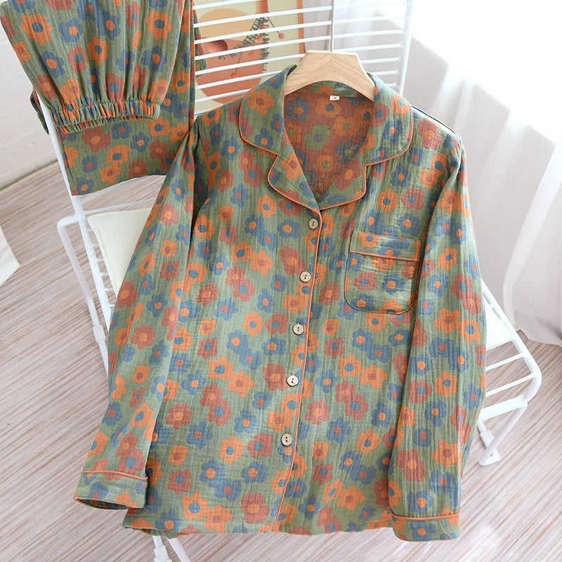 Pyjama Femme en Coton Gaufré – Ensemble Estival à Manches Longues Imprimé Floral
