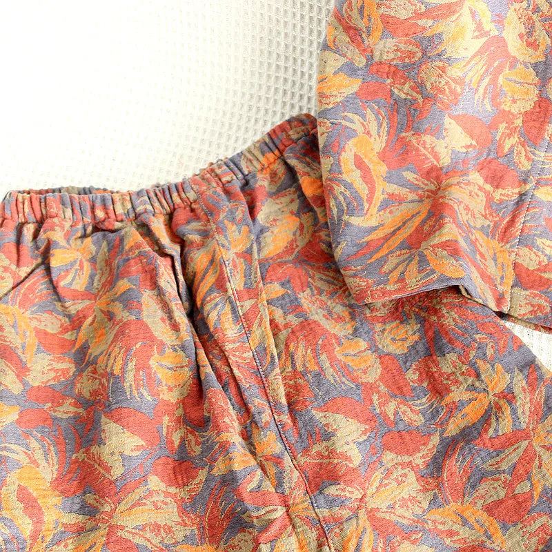 Pyjama Femme "Rythme Tissé" en Coton Léger – Ensemble Estival Imprimé Végétal Fluide à Manches Courtes