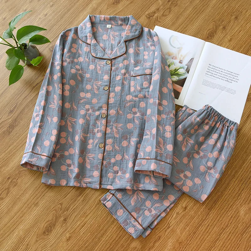 Pyjama Femme en Coton Gaufré – Ensemble Estival à Manches Longues Imprimé Floral