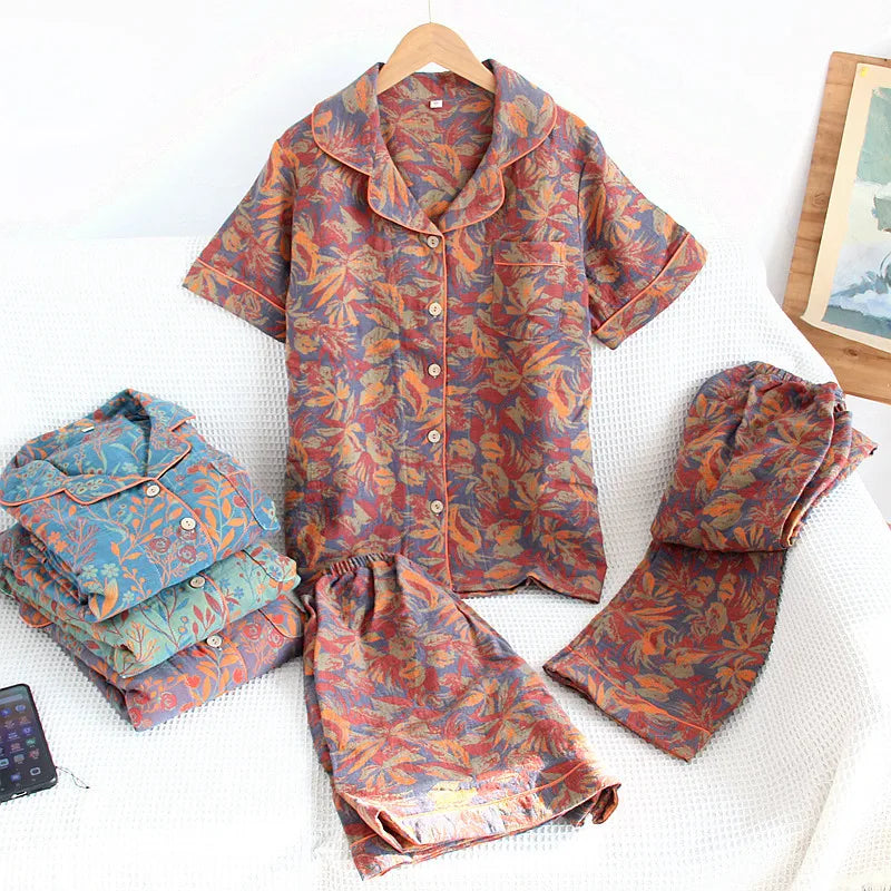 Pyjama Femme "Rythme Tissé" en Coton Léger – Ensemble Estival Imprimé Végétal Fluide à Manches Courtes