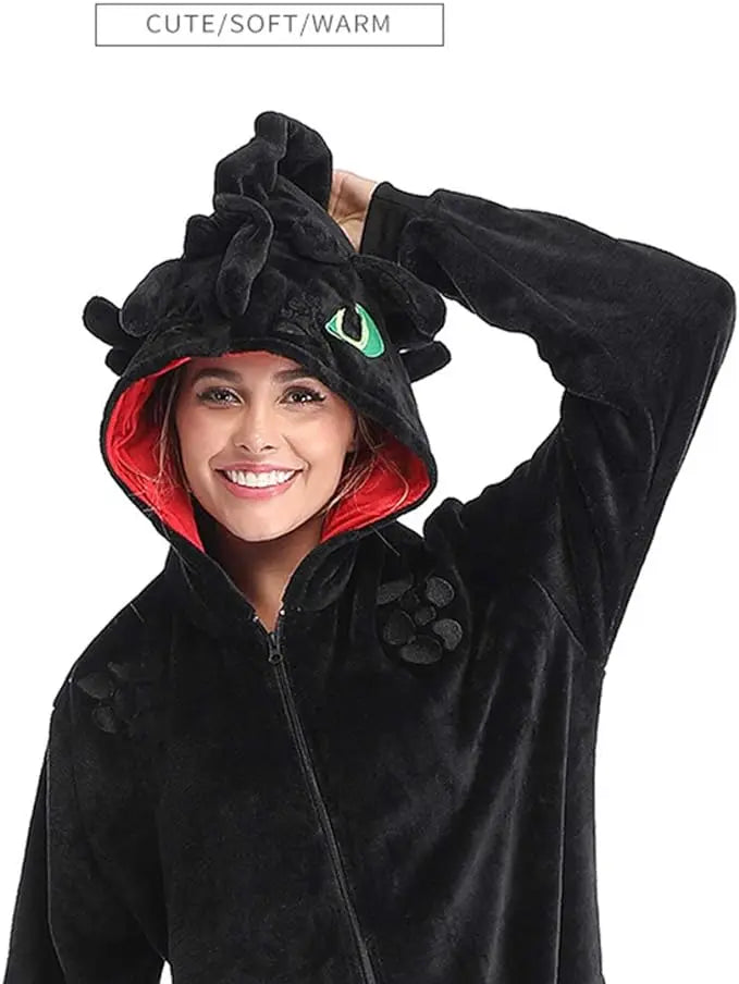 Kigurumi Dragon “Nuit d’Obsidienne” – Combinaison Hiver Adulte & Enfant en Polaire Douce et Chaleureuse
