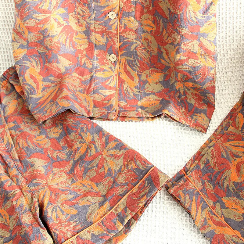 Pyjama Femme "Rythme Tissé" en Coton Léger – Ensemble Estival Imprimé Végétal Fluide à Manches Courtes