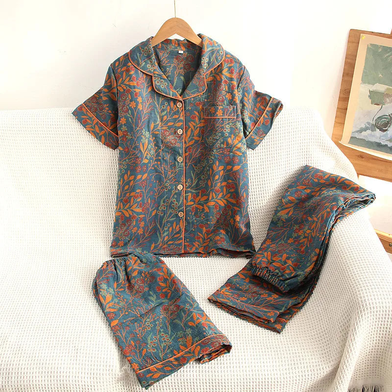 Pyjama Femme "Rythme Tissé" en Coton Léger – Ensemble Estival Imprimé Végétal Fluide à Manches Courtes