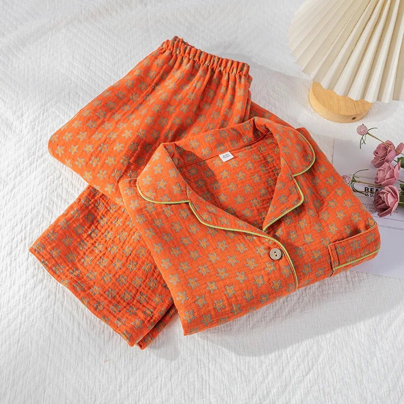 Pyjama Femme Éclat Douillet – Ensemble Long en Coton Gaufré, Confort Naturel & Élégance d’Hiver