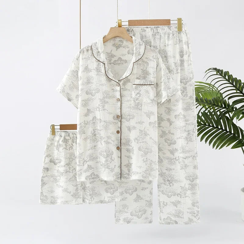 Pyjama Femme Clair Matin – Ensemble 3 Pièces en Coton Doux, Élégance Naturelle & Confort Quotidien