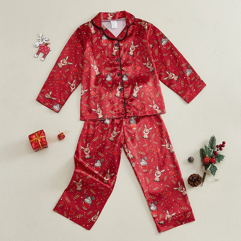 Pyjama Enfant Noël en Satin – Ensemble Festif à Boutons, Pantalon Élégant & Tissu Doux pour Fêtes d’Hiver