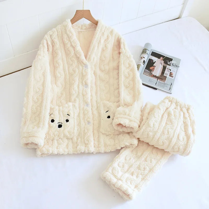 Pyjama Femme Polaire Tricoté – Ensemble Chaud en Peluche Douce, Hiver Confort & Élégance Cocooning