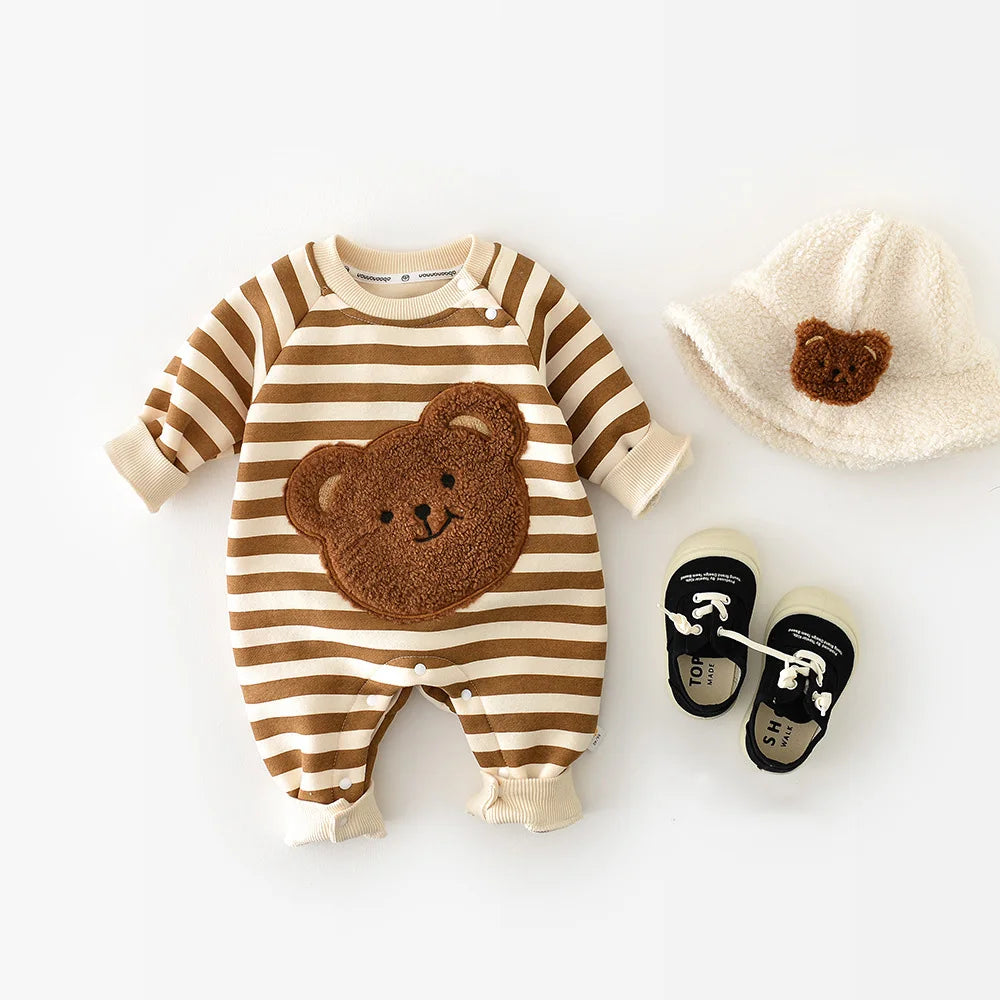 Pyjama Bébé Coton Rayé “Ourson” – Grenouillère Chaude Automne Hiver 3-12 Mois