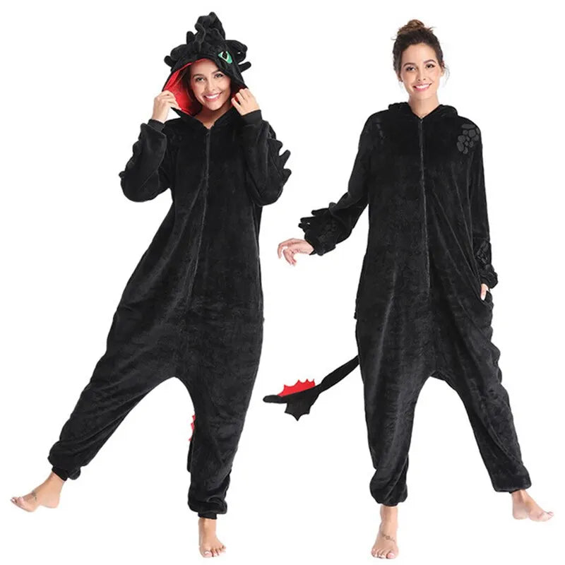 Kigurumi Dragon “Nuit d’Obsidienne” – Combinaison Hiver Adulte & Enfant en Polaire Douce et Chaleureuse