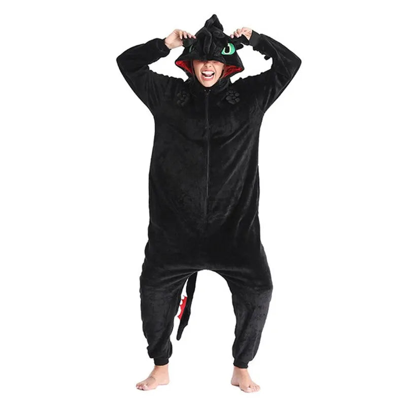 Kigurumi Dragon “Nuit d’Obsidienne” – Combinaison Hiver Adulte & Enfant en Polaire Douce et Chaleureuse