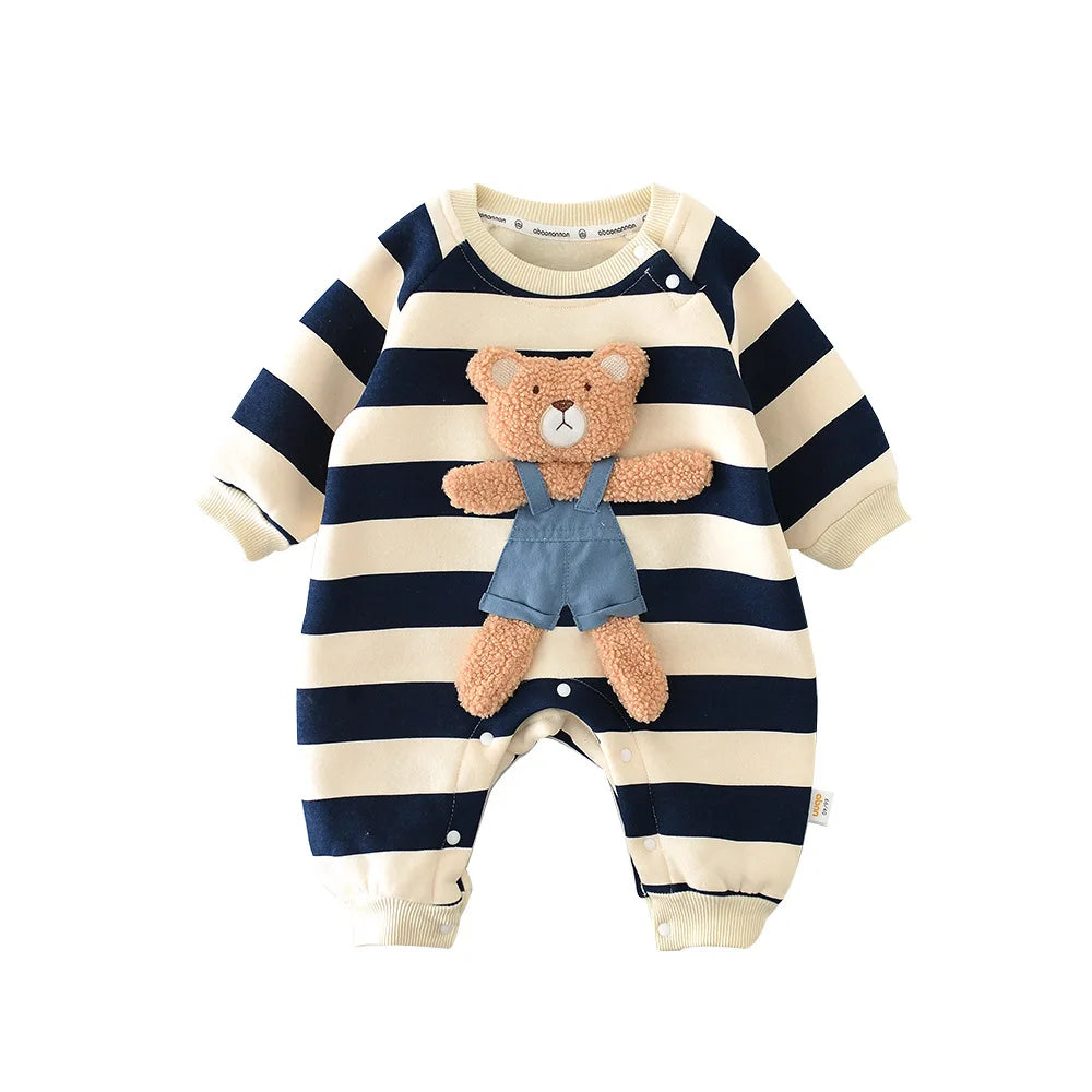 Pyjama Bébé Coton Rayé “Ourson” – Grenouillère Chaude Automne Hiver 3-12 Mois