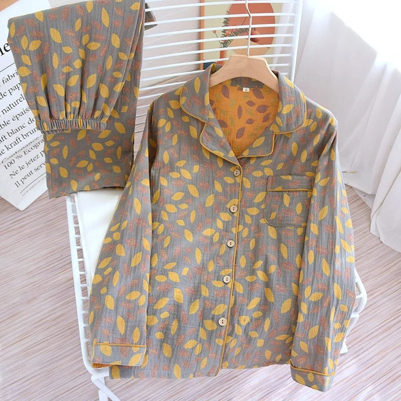 Pyjama Femme en Coton Gaufré – Ensemble Estival à Manches Longues Imprimé Floral