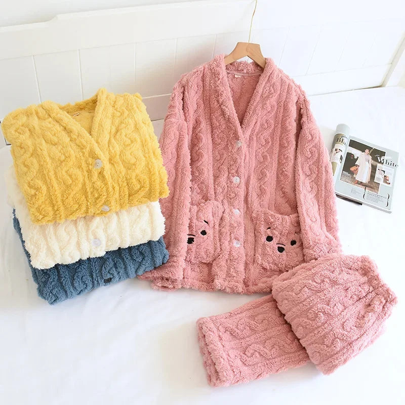 Pyjama Femme Polaire Tricoté – Ensemble Chaud en Peluche Douce, Hiver Confort & Élégance Cocooning