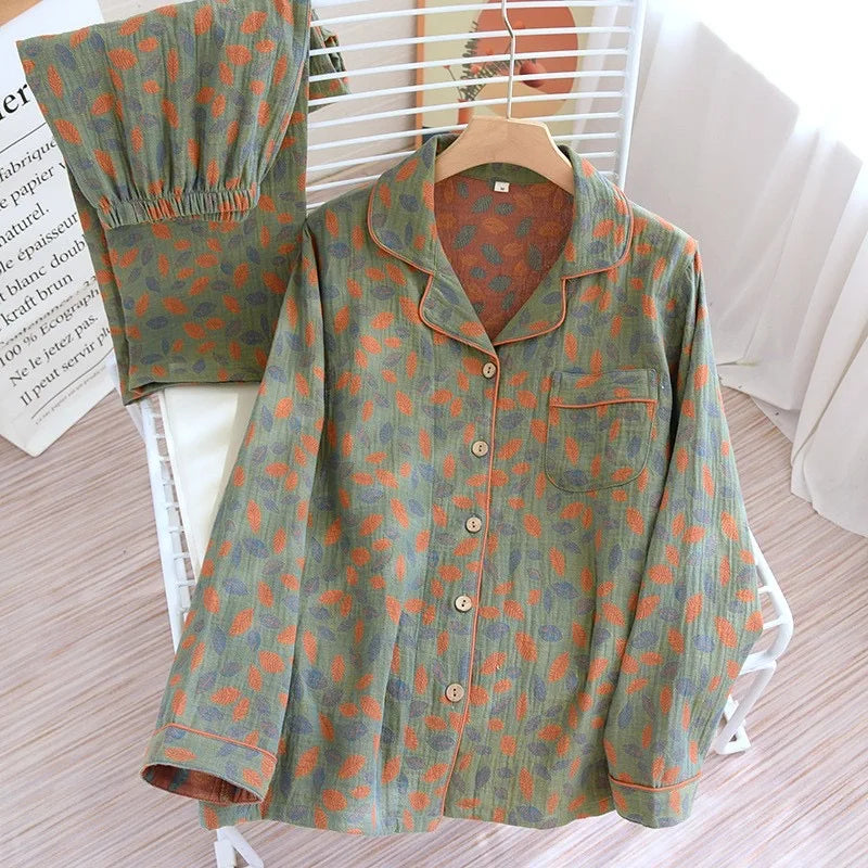 Pyjama Femme en Coton Gaufré – Ensemble Estival à Manches Longues Imprimé Floral