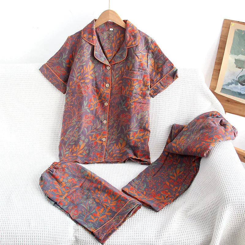 Pyjama Femme "Rythme Tissé" en Coton Léger – Ensemble Estival Imprimé Végétal Fluide à Manches Courtes
