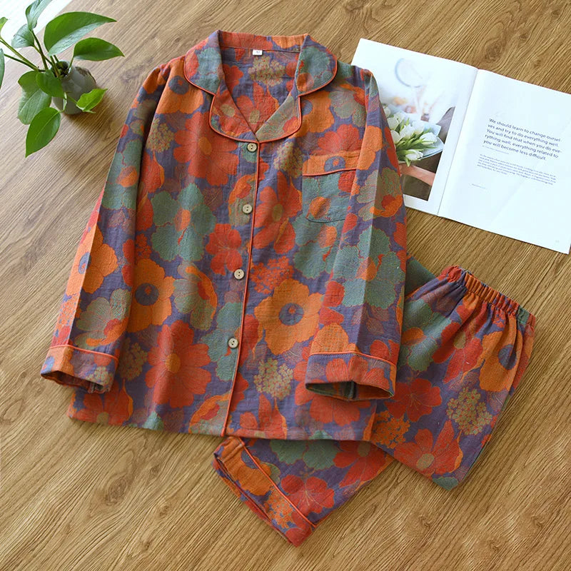 Pyjama Femme en Coton Gaufré – Ensemble Estival à Manches Longues Imprimé Floral