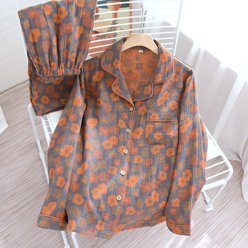 Pyjama Femme en Coton Gaufré – Ensemble Estival à Manches Longues Imprimé Floral