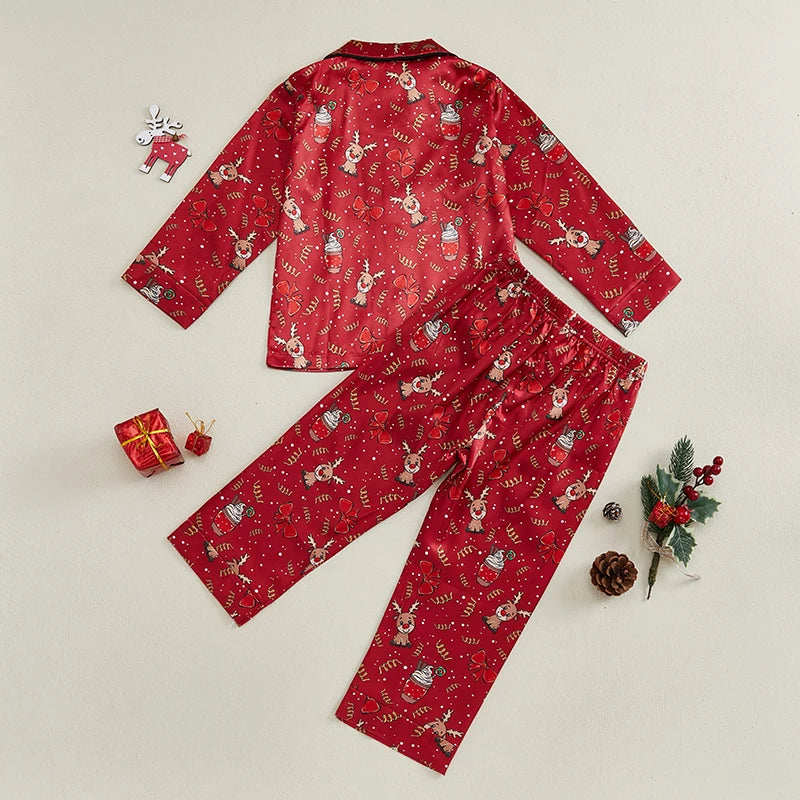 Pyjama Enfant Noël en Satin – Ensemble Festif à Boutons, Pantalon Élégant & Tissu Doux pour Fêtes d’Hiver