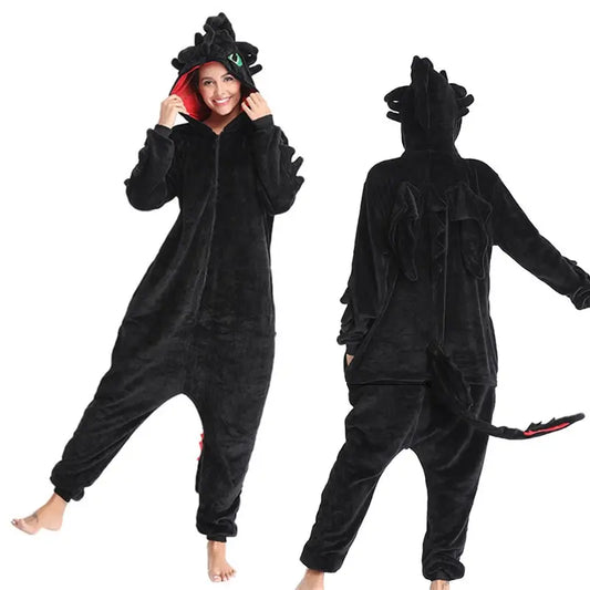 Kigurumi Dragon “Nuit d’Obsidienne” – Combinaison Hiver Adulte & Enfant en Polaire Douce et Chaleureuse
