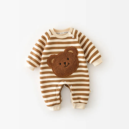 Pyjama Bébé Coton Rayé “Ourson” – Grenouillère Chaude Automne Hiver 3-12 Mois