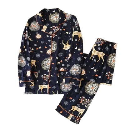 Pyjama Femme “Nocturne Végétal” – Ensemble Long en Coton à Imprimés Naturels