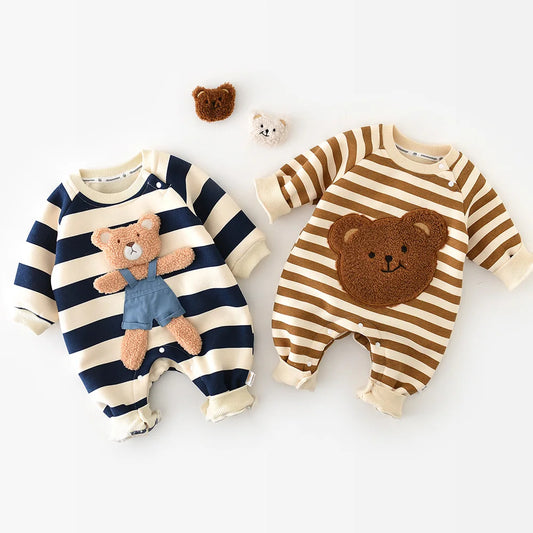 Pyjama Bébé Coton Rayé “Ourson” – Grenouillère Chaude Automne Hiver 3-12 Mois