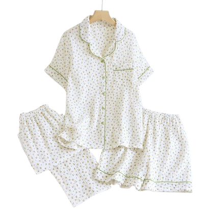 Pyjama Femme “Éclats d’Herbe” – Ensemble 2 ou 3 pièces Élégant en Coton Brodé, Léger & Respirant