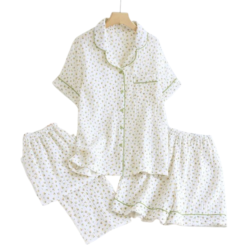 Pyjama Femme “Éclats d’Herbe” – Ensemble 2 ou 3 pièces Élégant en Coton Brodé, Léger & Respirant