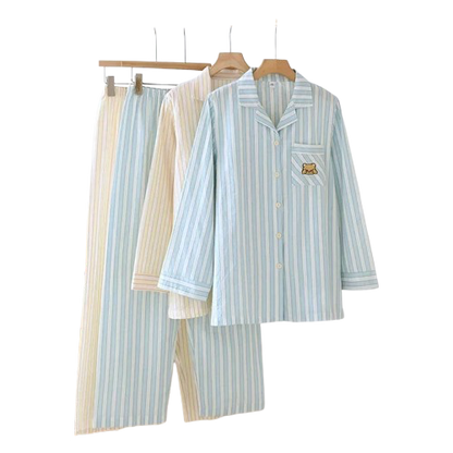 Pyjama Femme “Rayure Douce Honey Frost” – Ensemble en Coton à Rayures Élégantes