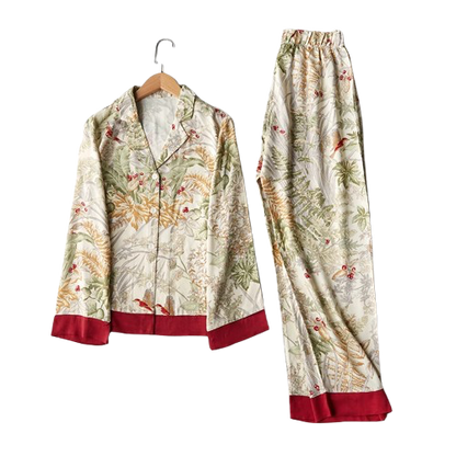 Pyjama Femme Éveil Végétal – Ensemble Satin Luxe à Motifs Botaniques, Élégance Naturelle & Confort Doux