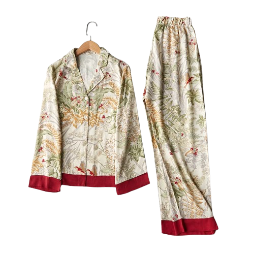 Pyjama Femme Éveil Végétal – Ensemble Satin Luxe à Motifs Botaniques, Élégance Naturelle & Confort Doux