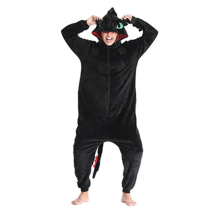 Kigurumi Dragon “Nuit d’Obsidienne” – Combinaison Hiver Adulte & Enfant en Polaire Douce et Chaleureuse