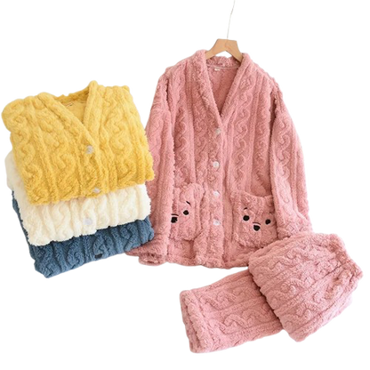Pyjama Femme Polaire Tricoté – Ensemble Chaud en Peluche Douce, Hiver Confort & Élégance Cocooning