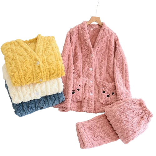 Pyjama Femme Polaire Tricoté – Ensemble Chaud en Peluche Douce, Hiver Confort & Élégance Cocooning
